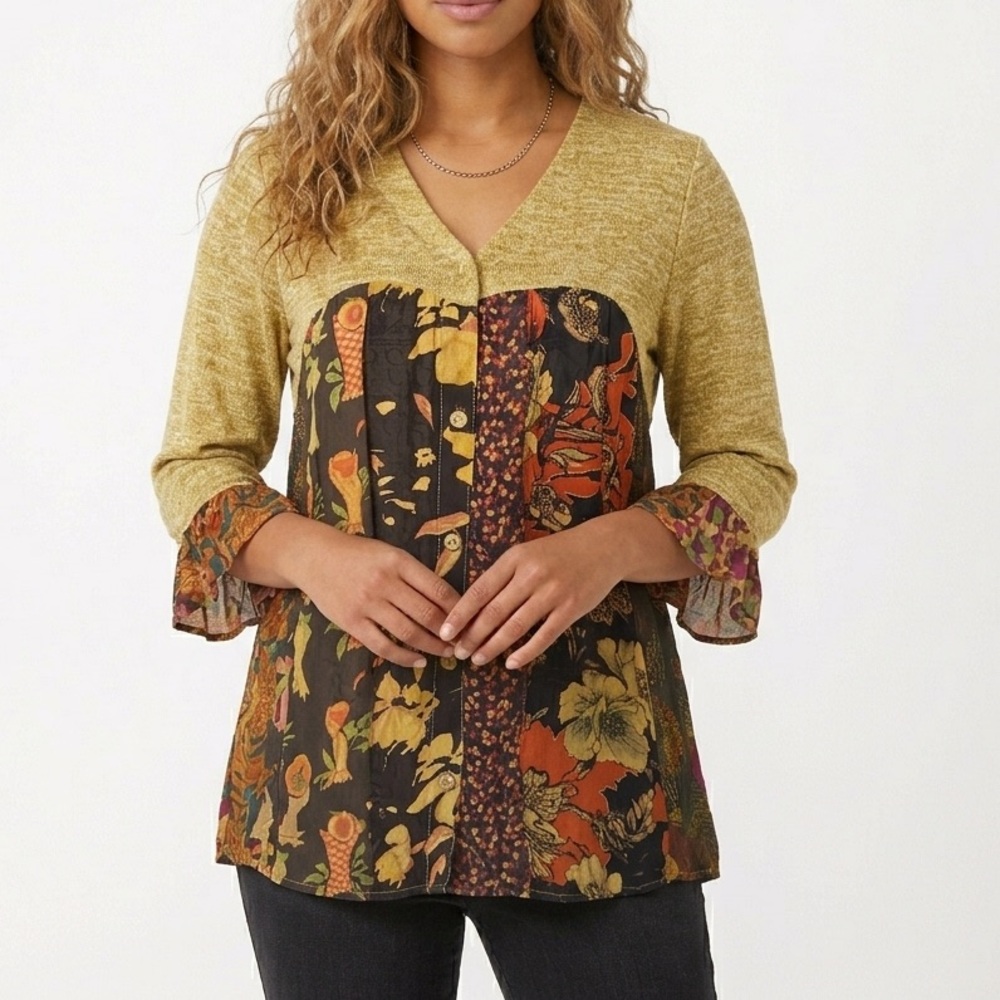 A024 Young Threads Floral Patchwork Tunic Blouse Gold Brown Boho Size S
